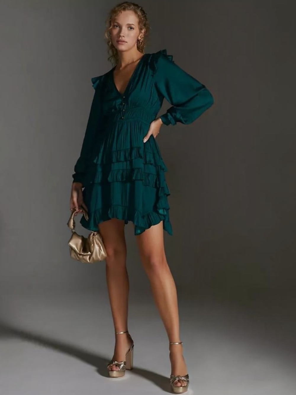 By Anthropologie Emerald Green Tiered Ruffle Mini Dress Size S